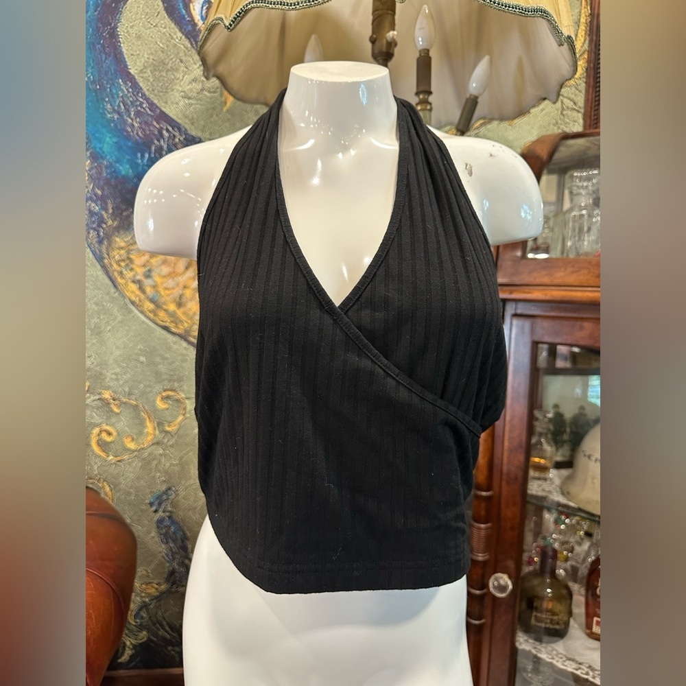 SHEIN BLACK HALTER TOP V NECK OPEN BACK